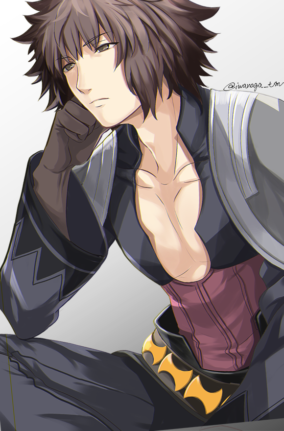 1boy archimedes_(fate) artist_name belt brown_eyes brown_hair fate/extella fate/extra fate_(series) gloves grey_background iwanaga_tm male_focus simple_background sitting solo upper_body
