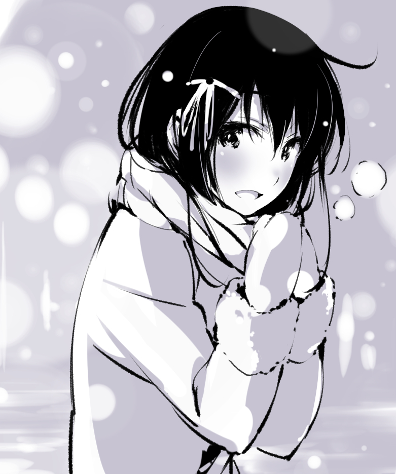 1girl bangs blush breath coat enpera greyscale hair_between_eyes hands_up looking_at_viewer mittens monochrome open_mouth original outdoors scarf sketch snow solo tabata_hisayuki upper_body