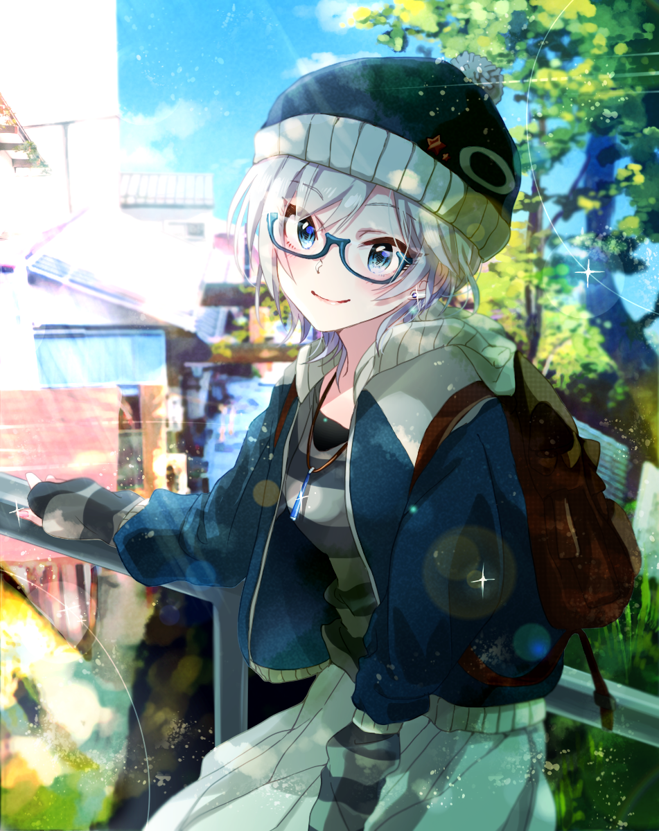 anaroguya anastasia_(idolmaster) bag bespectacled blue_eyes building casual earrings glasses highres hood hoodie idolmaster idolmaster_cinderella_girls jacket jewelry looking_at_viewer short_hair silver_hair smile tree