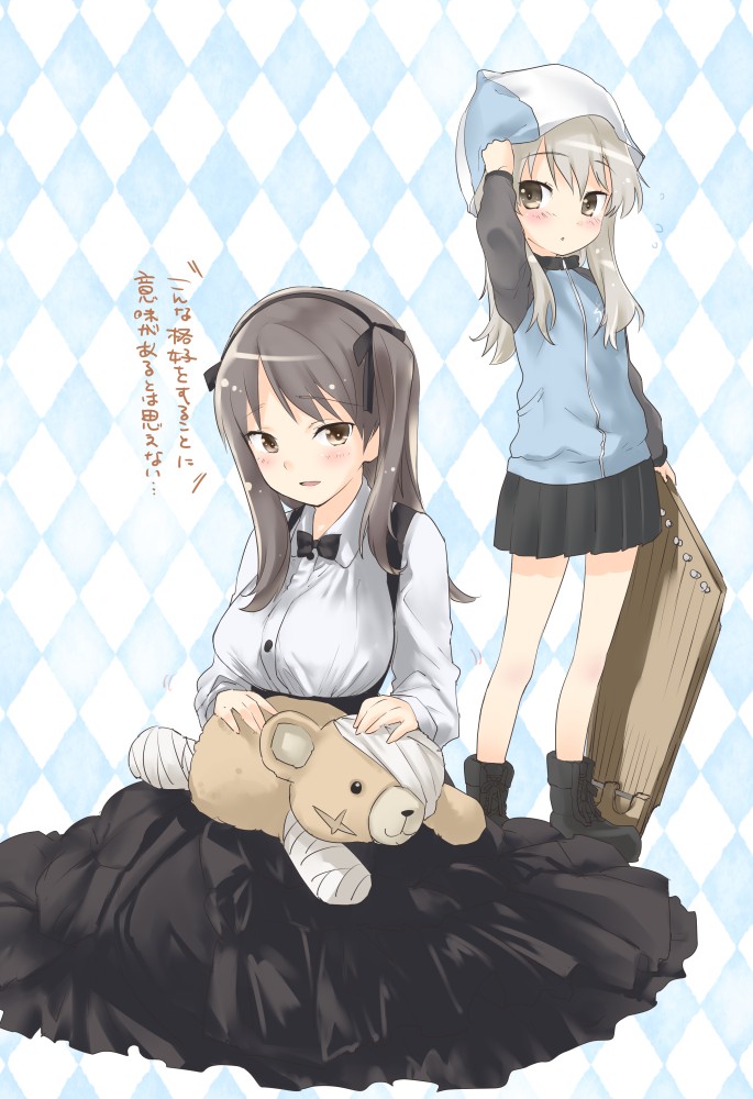 2girls blush boko_(girls_und_panzer) breasts brown_eyes brown_hair checkered checkered_background cosplay costume_switch girls_und_panzer hat instrument kantele keizoku_military_uniform large_breasts layered_skirt long_hair long_sleeves mika_(girls_und_panzer) mika_(girls_und_panzer)_(cosplay) mozu_(peth) multiple_girls shimada_arisu shimada_arisu_(cosplay) side_ponytail skirt smile striped striped_legwear stuffed_animal stuffed_toy suspender_skirt suspenders teddy_bear thigh-highs