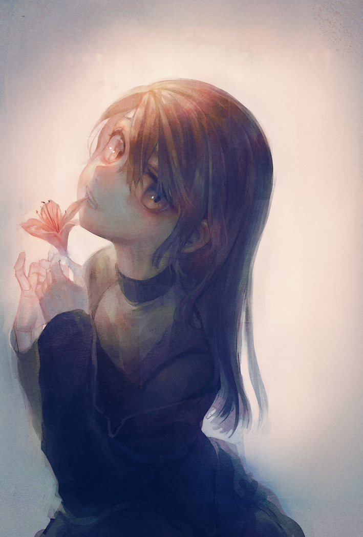 1girl backlighting biting blurry brown_eyes brown_hair choker dress faux_traditional_media flower grin holding holding_flower long_hair looking_at_viewer looking_to_the_side muted_color namihaya original simple_background sketch smile solo upper_body