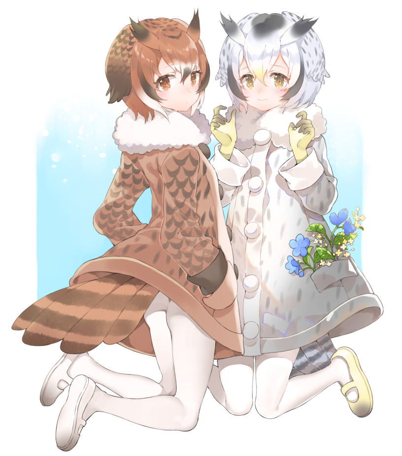 2girls ass black_hair blonde_hair blush brown_eyes brown_hair closed_mouth coat eurasian_eagle_owl_(kemono_friends) eyebrows_visible_through_hair flower full_body fumako fur_collar gloves hair_between_eyes hand_in_pocket kemono_friends legs_up long_sleeves mary_janes multiple_girls northern_white-faced_owl_(kemono_friends) pantyhose shoes smile tail two_side_up white_legwear white_shoes yellow_gloves yellow_shoes