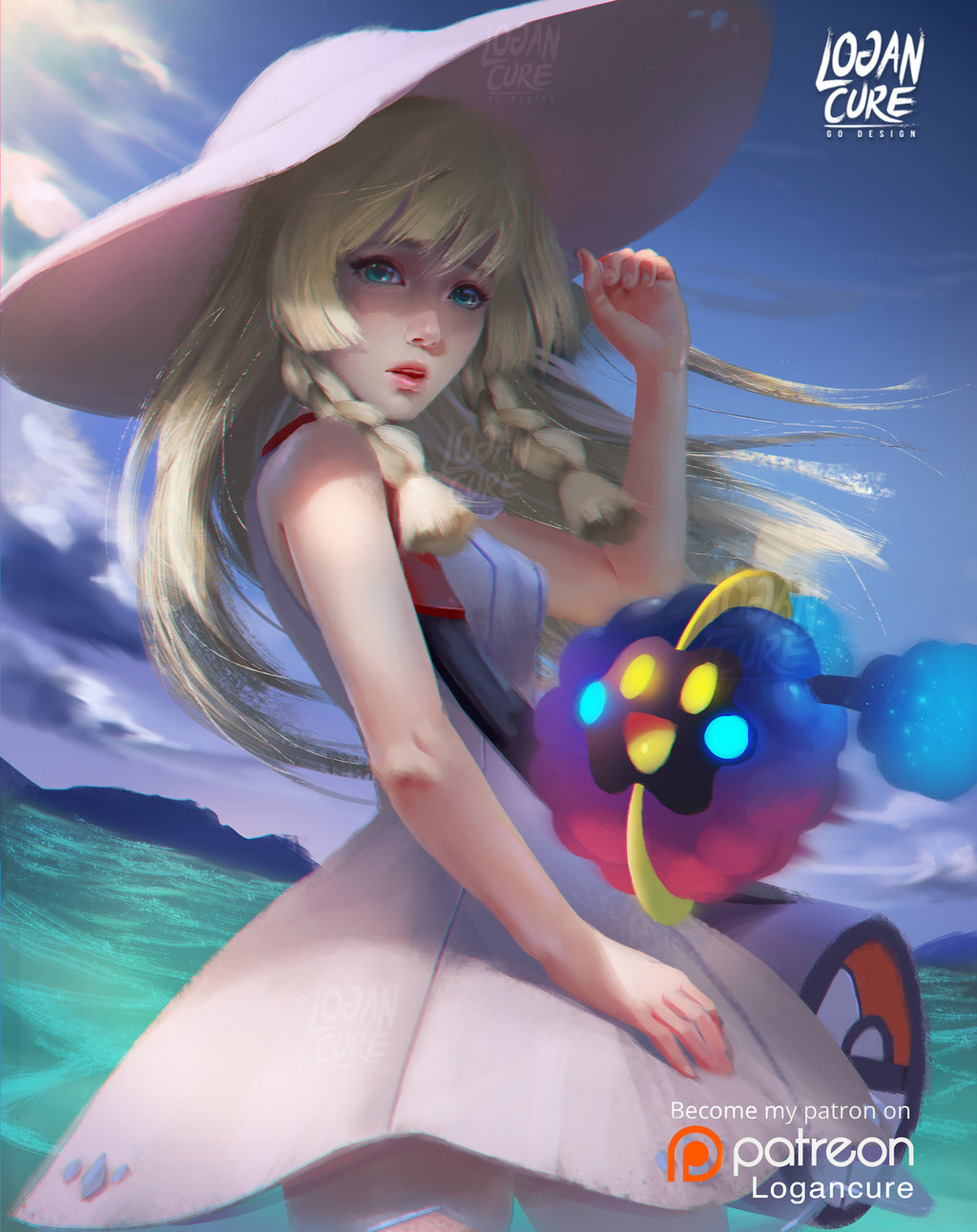 1girl artist_name bag bangs blonde_hair blue_sky braid breasts calligraphy_brush calligraphy_brush_(medium) clenched_hand clouds cloudy_sky commentary cosmog cowboy_shot day dress duffel_bag green_eyes hat highres lillie_(pokemon) logan_cure long_hair looking_at_viewer making_of nose ocean open_mouth paintbrush parted_lips patreon_username poke_ball_theme pokemon pokemon_(creature) pokemon_(game) pokemon_sm realistic red_lips sky sleeveless sleeveless_dress small_breasts solo sun_hat sundress sunlight twin_braids water watermark white_dress white_hat