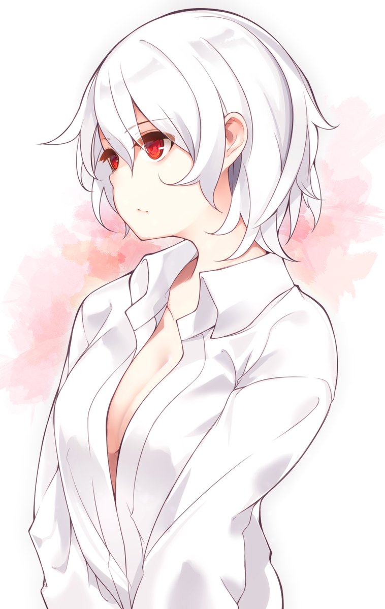 1girl albino bangs breasts cleavage closed_mouth collarbone dress_shirt eyebrows_visible_through_hair from_side hair_between_eyes large_breasts looking_to_the_side naked_shirt original red_eyes shirt short_hair solo tsunekichi tsurime upper_body wavy_hair white_hair white_shirt