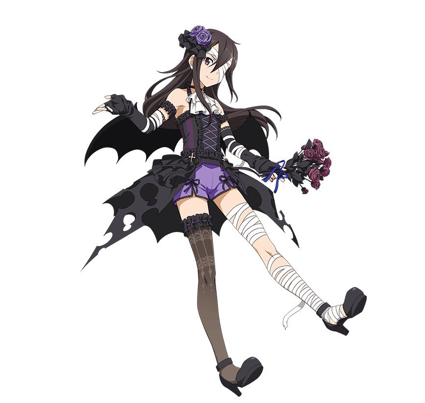 10s 1boy androgynous arm_strap asymmetrical_legwear bandage_over_one_eye black_eyes black_gloves black_hair black_legwear blue_ribbon bouquet crossdressinging elbow_gloves fingerless_gloves floating_hair flower garters gloves hair_flower hair_ornament high_heels holding holding_bouquet kirito kirito_(sao-ggo) long_hair looking_at_viewer purple_flower purple_shorts ribbon short_shorts shorts smile solo sword_art_online thigh-highs torn_clothes trap very_long_hair