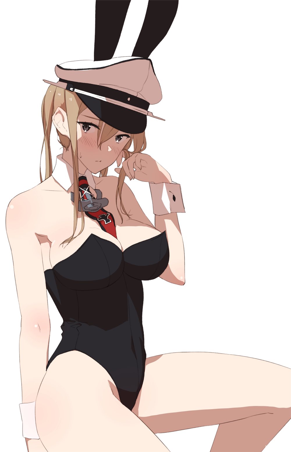 1girl alternate_costume anchor animal_ears armpits bare_legs bare_shoulders black_leotard blonde_hair blush breasts bunnysuit cleavage closed_mouth collarbone commentary_request covered_navel detached_collar embarrassed fake_animal_ears graf_zeppelin_(kantai_collection) grey_eyes hair_between_eyes hair_twirling hat highres invisible_chair iron_cross kantai_collection large_breasts leotard long_hair looking_at_viewer necktie peaked_cap rabbit_ears red_necktie short_hair_with_long_locks sidelocks simple_background sitting solo strapless strapless_leotard sweat thighs touyama_eight twintails white_background white_hat wrist_cuffs