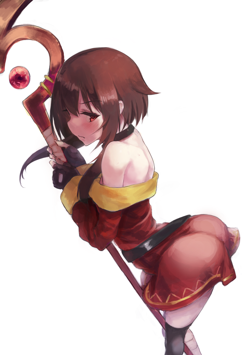 1girl arched_back ass bandage bare_back bare_shoulders brown_hair choker dress half-closed_eyes kono_subarashii_sekai_ni_shukufuku_wo! kuzu_(miduhana) medium_hair megumin off_shoulder sidelocks simple_background single_thighhigh solo staff strapless thigh-highs tubetop white_background