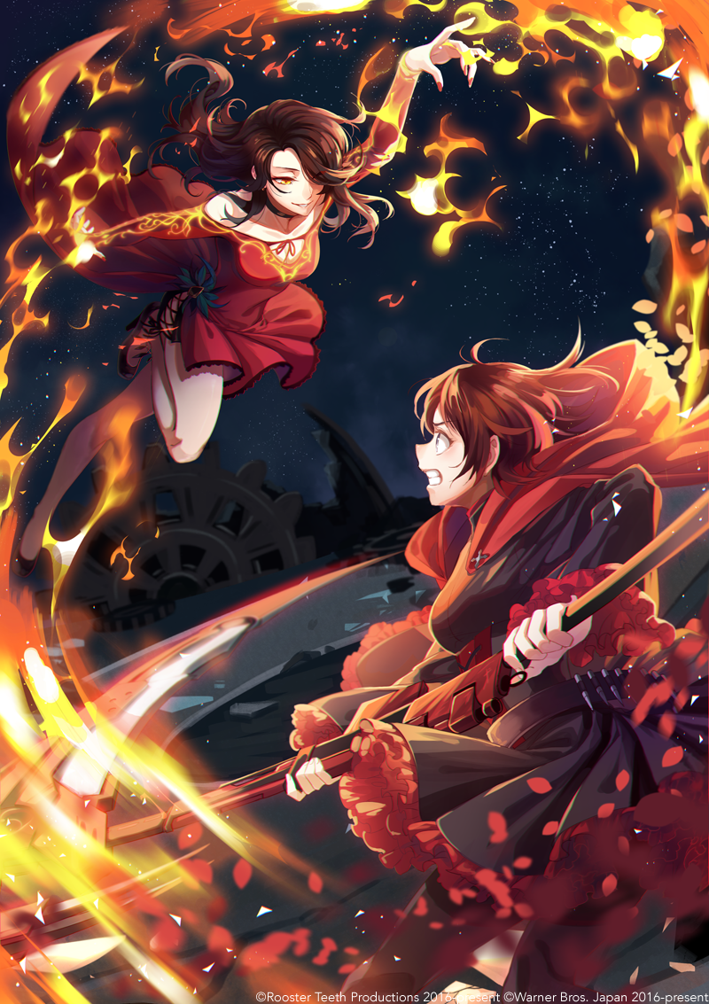 2girls cinder_fall fighting fire holding holding_weapon lowah multiple_girls official_art ruby_rose rwby smile smirk weapon