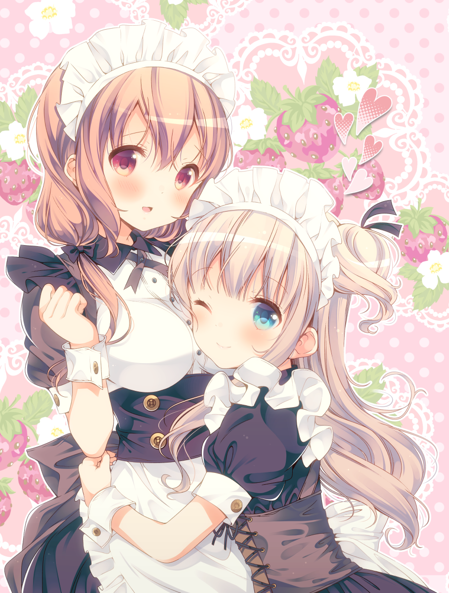 2girls ;) apron aqua_eyes bangs black_bow blonde_hair blush bow breasts brown_hair dress hair_bow headdress highres hiiragi_mayuki hinako_note hug long_hair looking_at_viewer maid maid_apron maid_headdress march-bunny medium_breasts multiple_girls one_eye_closed open_mouth original sakuragi_hinako short_hair smile