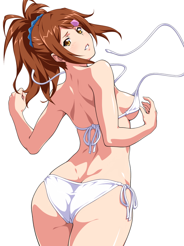 1girl ass bachou_mouki bare_arms bare_shoulders bikini blush breasts brown_eyes brown_hair butt_crack cowboy_shot from_behind hair_ornament hair_scrunchie ikkitousen long_hair looking_at_viewer looking_back medium_breasts parted_lips ponytail scrunchie side-tie_bikini simple_background solo swimsuit wardrobe_malfunction white_background white_bikini yoshimo_(yoshimo)