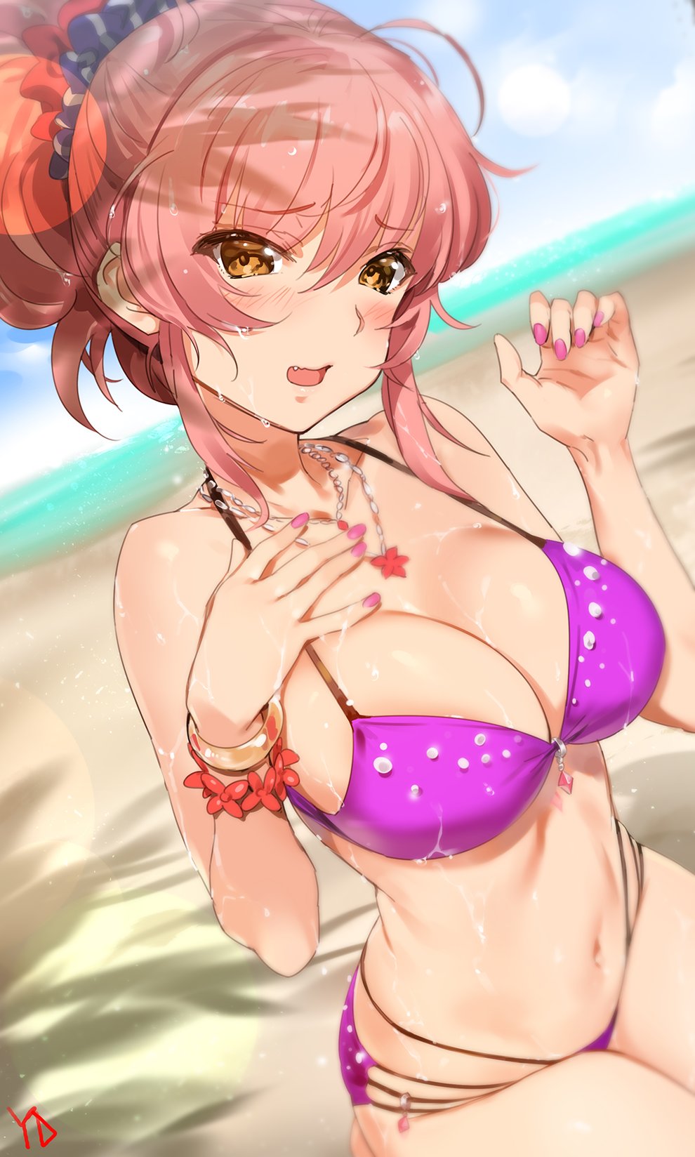 1girl beach bikini blush bracelet breasts brown_eyes cleavage commentary_request day eyebrows_visible_through_hair eyelashes fang flower_bracelet hand_on_own_chest highres idolmaster idolmaster_cinderella_girls jewelry jougasaki_mika kneeling large_breasts long_hair looking_at_viewer multi-strapped_bikini nail_polish navel necklace open_mouth outdoors pendant pink_hair pink_nails polka_dot ponytail purple_bikini scrunchie shade sidelocks signature solo striped striped_scrunchie swimsuit wet yang-do yellow_eyes