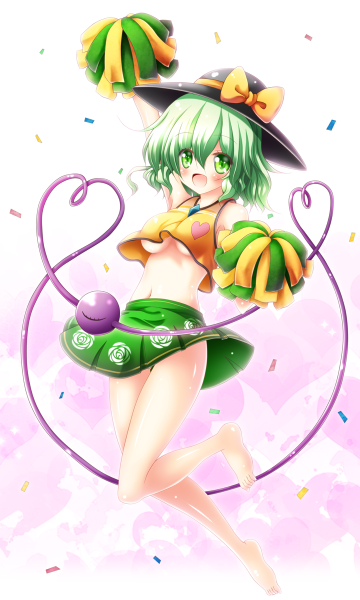 1girl :d adapted_costume arm_up bare_legs bare_shoulders barefoot blush bow breasts cheerleader confetti crop_top floral_print full_body green_eyes green_skirt gren_hair hat hat_bow heart heart_background heart_of_string highres komeiji_koishi legs medium_breasts midriff navel open_mouth osashin_(osada) pom_poms shirt skirt smile solo third_eye touhou under_boob upshirt yellow_shirt