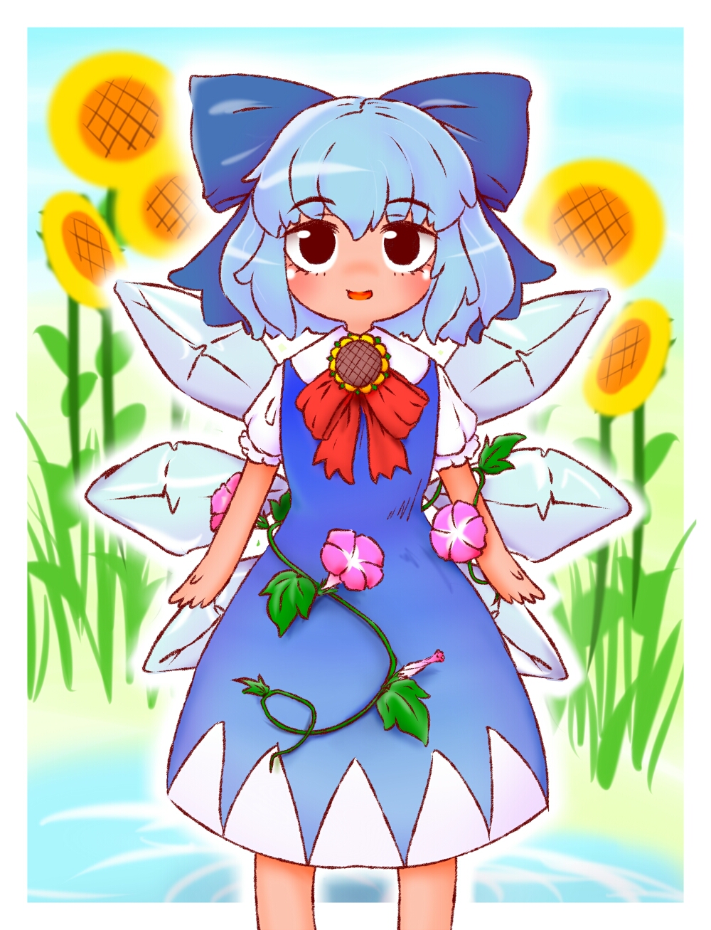 1girl black_eyes blue_dress blue_hair bow bowtie cirno commentary_request dress flower hair_bow highres ice ice_wings open_mouth perfectfreeze short_hair solo standing sunflower tan touhou wings