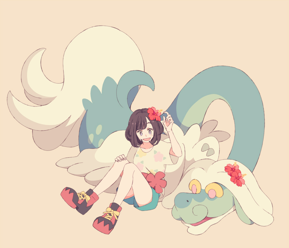 1girl black_hair blue_eyes drampa flower hair_flower hair_ornament komasawa_(fmn-ppp) mizuki_(pokemon_sm) no_hat no_headwear open_mouth pokemon pokemon_(creature) pokemon_(game) pokemon_sm shorts sitting smile