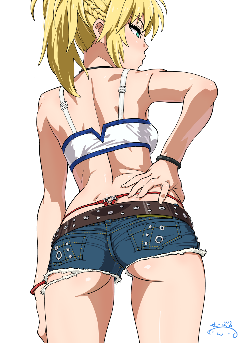 1girl ass bare_shoulders blonde_hair bracelet braid cutoffs denim denim_shorts fate/apocrypha fate_(series) green_eyes hand_on_hip highres jewelry looking_to_the_side midriff ponytail revision saber_of_red short_shorts shorts solo suna tank_top thong