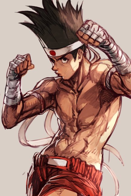 1boy black_hair brown_hair fatal_fury fighting_stance fingerless_gloves gloves hankuri headband joe_higashi long_hair looking_at_viewer male_focus muscle shirtless shorts solo the_king_of_fighters