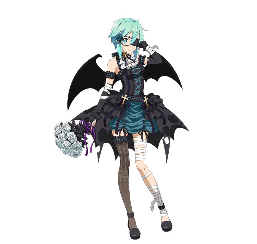 10s 1girl aqua_eyes aqua_hair arm_strap asymmetrical_legwear bandage black_dress black_flower black_gloves black_ribbon black_wings bouquet breasts dress elbow_gloves eyepatch fingerless_gloves flower full_body gloves gothic_lolita hair_flower hair_ornament hair_ribbon halloween_costume hand_in_hair holding holding_bouquet lolita_fashion looking_at_viewer medium_breasts neck_ribbon parted_lips ribbon shinon_(sao) short_dress short_hair_with_long_locks sidelocks simple_background sleeveless sleeveless_dress solo standing sword_art_online thigh-highs white_background white_flower wings