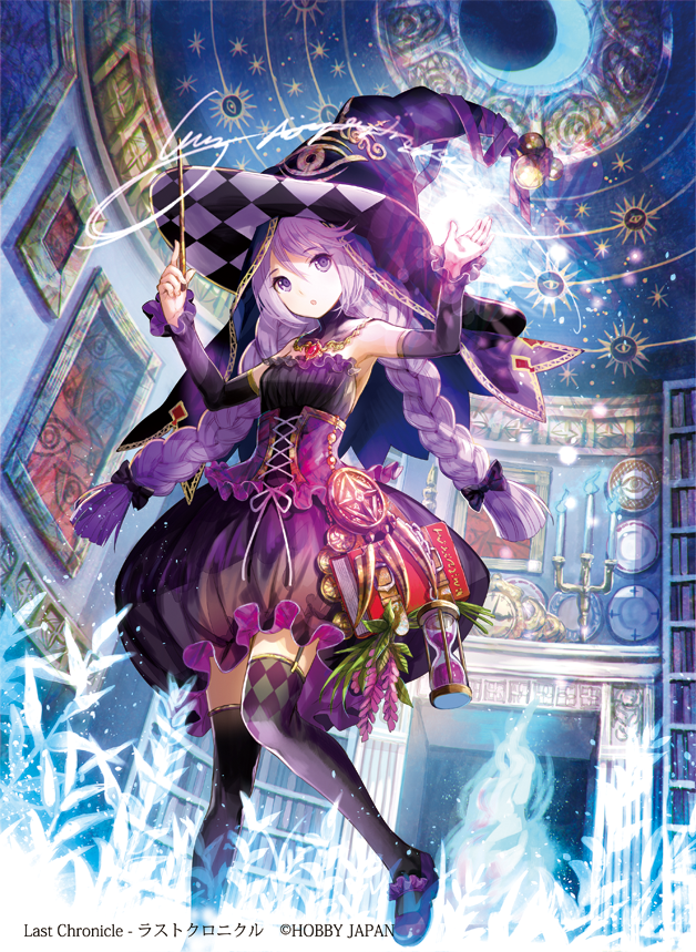 1girl :o black_hat black_legwear book character_request copyright_name eyebrows_visible_through_hair fuji_choko garter_straps hat holding holding_wand hourglass jewelry last_chronicle looking_at_viewer necklace open_mouth purple_hair solo thigh-highs violet_eyes wand witch_hat