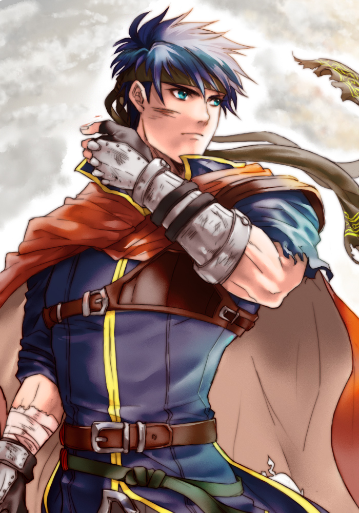 1boy armor blood blue_eyes blue_hair cape fire_emblem fire_emblem:_souen_no_kiseki fire_emblem_heroes gloves headband ike male_focus solo