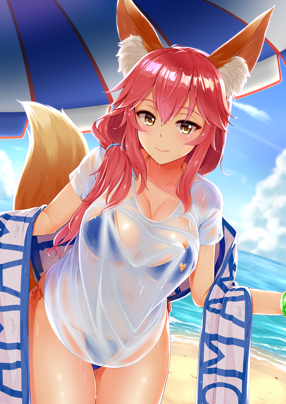 1girl animal_ears beach bikini blue_bikini breasts day fate/extra fate_(series) fox_ears fox_tail highres large_breasts long_hair navel ocean outdoors pink_hair see-through shirt short_sleeves side-tie_bikini solo sweat swimsuit t-shirt tail tamamo_(fate)_(all) tamamo_no_mae_(swimsuit_lancer)_(fate) tomojo towel wet yellow_eyes