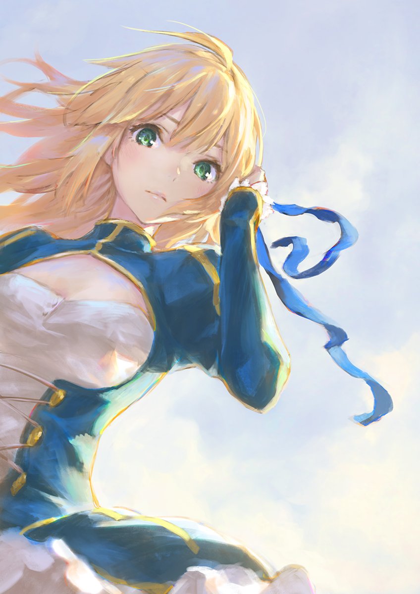 1girl adjusting_hair ahoge bangs blonde_hair blue_dress blue_ribbon blue_sky breasts cleavage cleavage_cutout closed_mouth day dress fate/stay_night fate_(series) from_below green_eyes hand_holding hand_in_hair hand_up highres hisakata_souji holding_ribbon juliet_sleeves light_smile lips long_hair long_sleeves looking_at_viewer looking_down outdoors puffy_sleeves ribbon saber sky small_breasts solo sunlight tareme upper_body wind