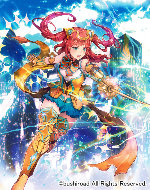 1girl armor armored_boots boots bow bowtie cardfight!!_vanguard company_name flashing_glint_knight gloves green_eyes long_hair navel official_art open_mouth redhead shutsuri sky solo sparkle sword teeth two_side_up weapon