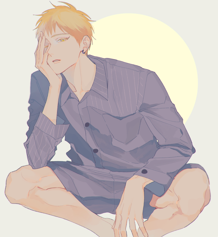 1boy a8fsk6214 blonde_hair blue_pajamas buttons commentary_request ear_piercing hand_on_own_face kise_ryouta kuroko_no_basuke male_focus one_eye_closed pajamas parted_lips piercing pocket sitting solo striped striped_pajamas yellow_eyes