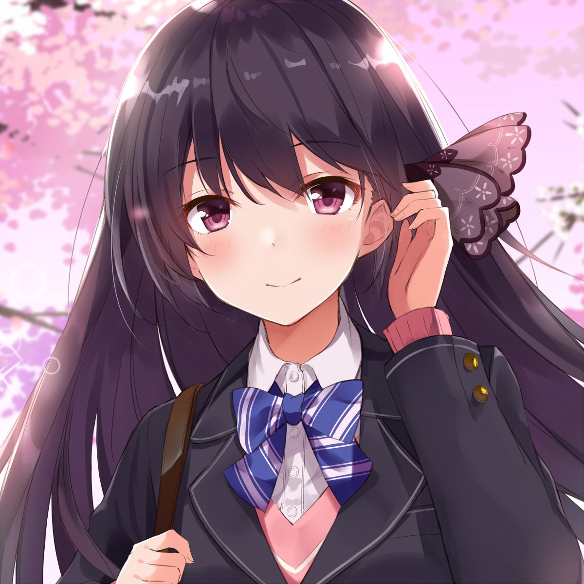 1girl bangs black_hair blazer blush closed_mouth eyebrows_visible_through_hair hair_ornament hand_up highres jacket light_smile long_hair looking_at_viewer original outdoors portrait school_uniform smile solo sweater takehana_note upper_body violet_eyes