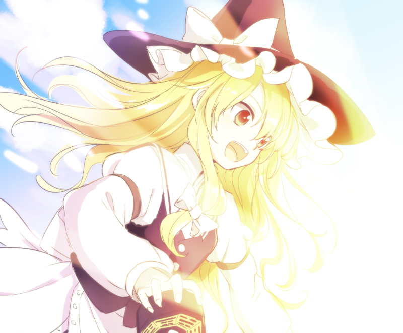 1girl :d apron arm_garter black_vest blonde_hair bow from_side hair_bow hat hat_bow juliet_sleeves kirisame_marisa long_hair long_sleeves looking_away makuwauri mini-hakkero open_mouth puffy_sleeves sidelocks smile solo touhou upper_body vest waist_apron white_bow witch_hat yellow_eyes