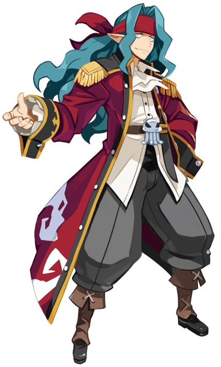 1boy belt blue_hair boots coat cravat disgaea epaulettes full_body grey_pants hand_on_hip harada_takehito headband long_hair looking_at_viewer makai_senki_disgaea_5 male_focus official_art pants pirate_(disgaea) pointy_ears red_coat red_headband shirt solo standing white_shirt