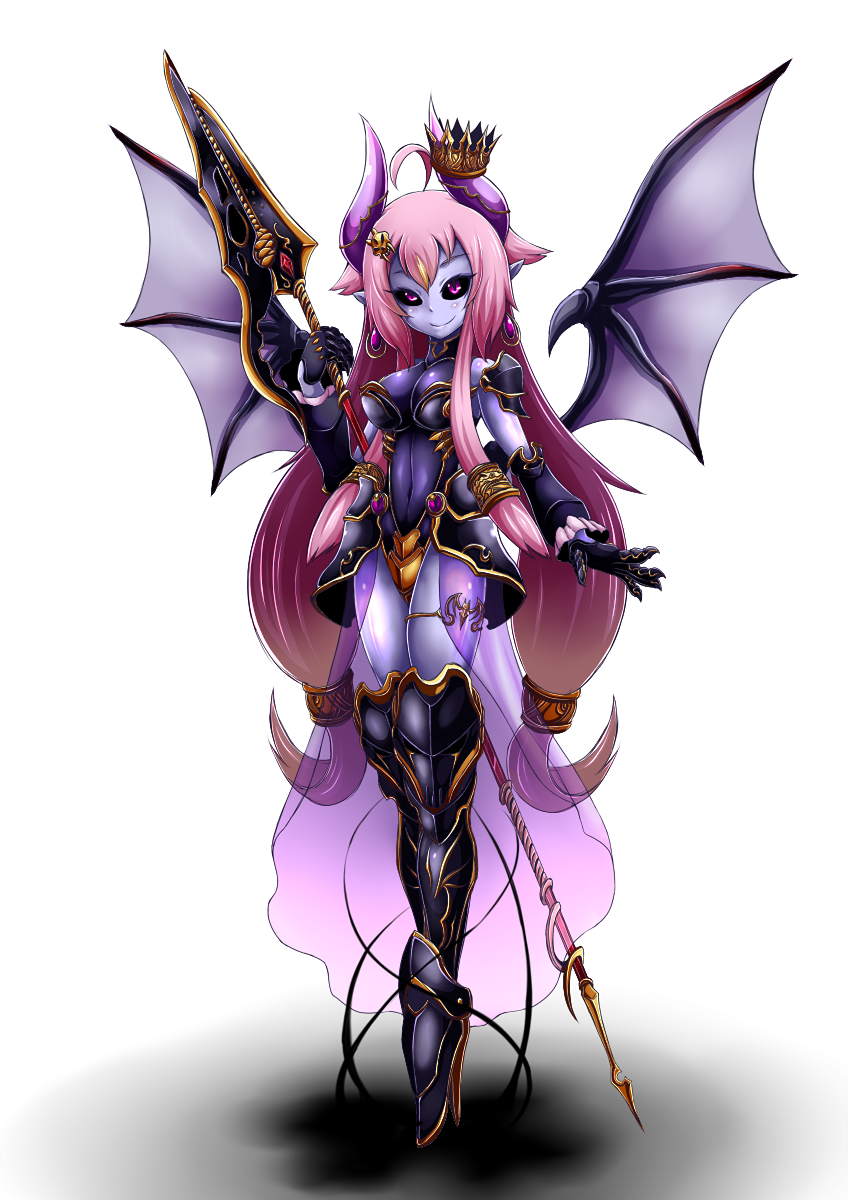 1girl ahoge armor armored_boots black_sclera blue_skin boots demon_girl demon_horns demon_wings full_body highres holding holding_weapon horns looking_at_viewer ogawa_shou original pink_eyes pink_hair pointy_ears polearm smile solo spear weapon wings