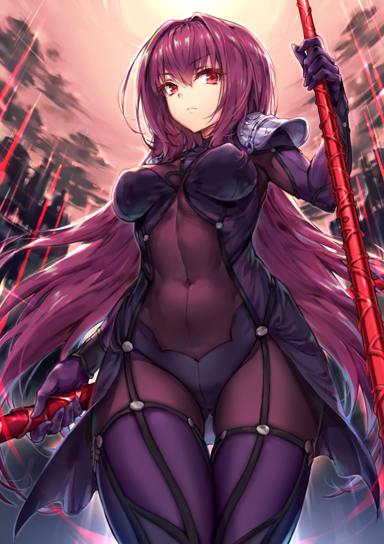 1girl armor bodysuit breasts clouds cloudy_sky covered_navel dual_wielding eyebrows_visible_through_hair fate/grand_order fate_(series) from_below gae_bolg gluteal_fold gou_(ga673899) hair_between_eyes light_beam long_hair looking_at_viewer medium_breasts pauldrons perky_breasts polearm purple_hair red_eyes red_sky scathach_(fate/grand_order) shoulder_armor skin_tight sky solo spear thigh_gap thighs very_long_hair weapon