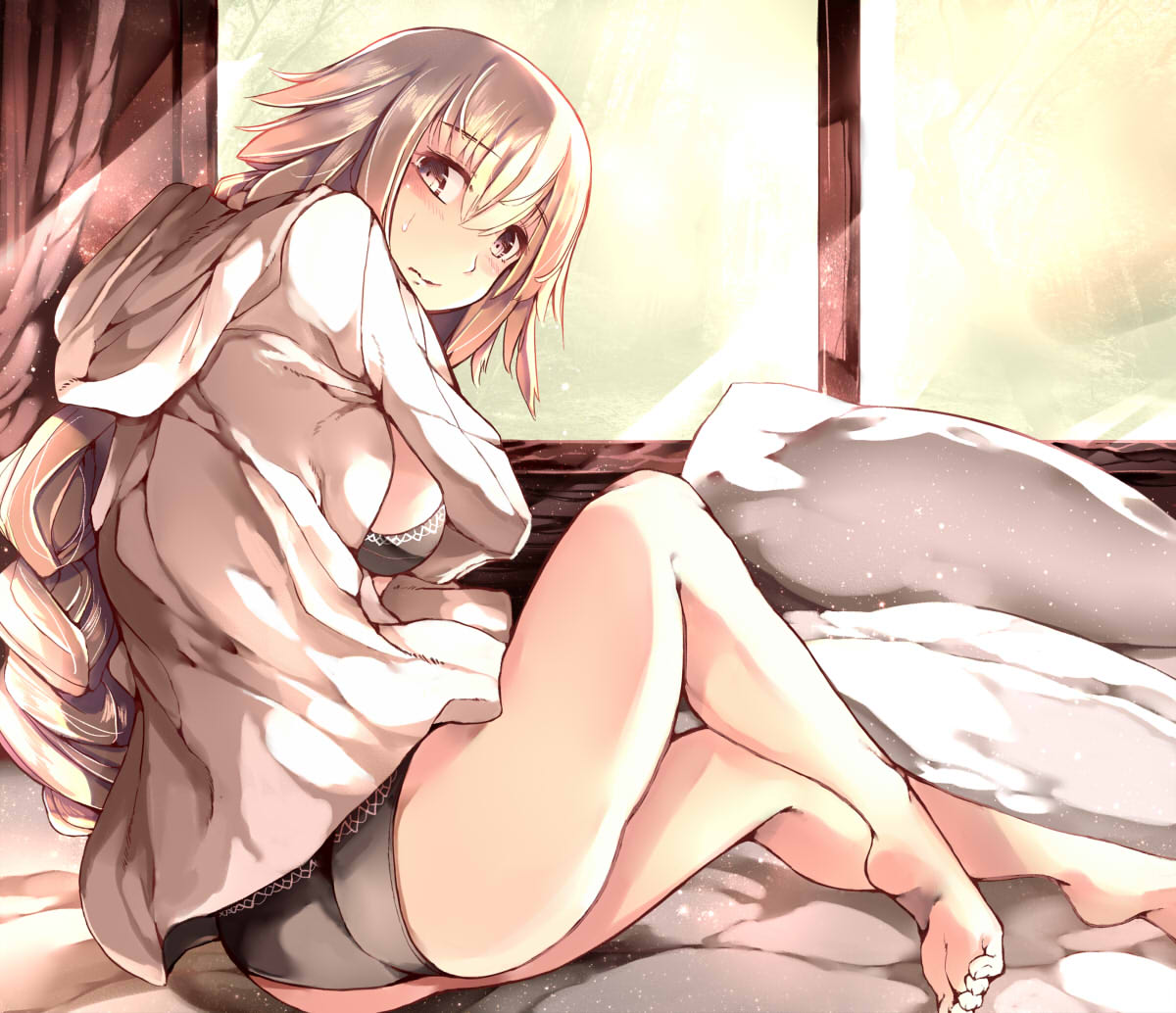 1girl ass bangs bare_legs barefoot black_bra black_eyes black_panties blonde_hair bra braid breasts fate/apocrypha fate_(series) from_side long_hair long_sleeves looking_at_viewer looking_to_the_side medium_breasts on_bed open_clothes open_shirt panties ruler_(fate/apocrypha) shirt single_braid solo sunlight underwear venomrobo very_long_hair white_shirt