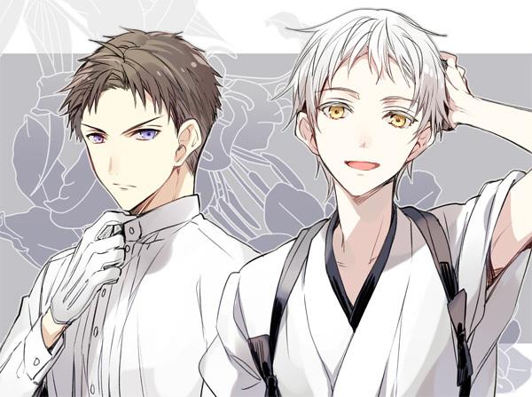 2boys alternate_hair_length alternate_hairstyle brown_hair gloves heshikiri_hasebe japanese_clothes kuroemon male_focus multiple_boys open_mouth short_hair smile touken_ranbu tsurumaru_kuninaga violet_eyes white_gloves white_hair yellow_eyes