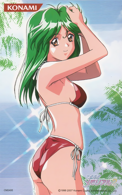 1999 1girl 90s asou_kasumi ass bikini breasts brown_eyes company_name cowboy_shot dated green_hair hands_on_head kokura_masashi konami logo long_hair looking_at_viewer official_art red_bikini side-tie_bikini smile solo swimsuit tokimeki_memorial tokimeki_memorial_2