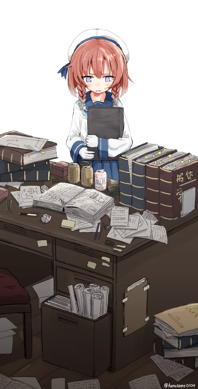 1girl alcohol beer beer_can blue_ribbon blue_sailor_collar blue_skirt book braid buttons can chair desk diary etorofu_(kantai_collection) gloves hat highres kantai_collection long_sleeves neckerchief notebook office paper pen pleated_skirt redhead ribbon sailor_hat school_uniform serafuku short_hair sidelocks skirt soda_can solo twin_braids usui_harusame violet_eyes white_gloves white_hat