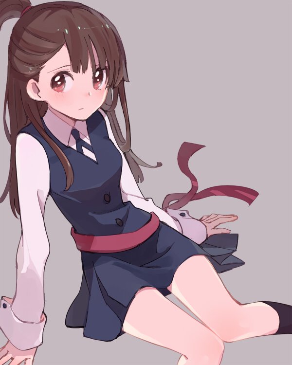 1girl arm_support asymmetrical_bangs bangs blush brown_eyes brown_hair grey_background kagari_atsuko knees_together_feet_apart little_witch_academia long_hair looking_at_viewer ponytail solo sou_(tuhut) vest