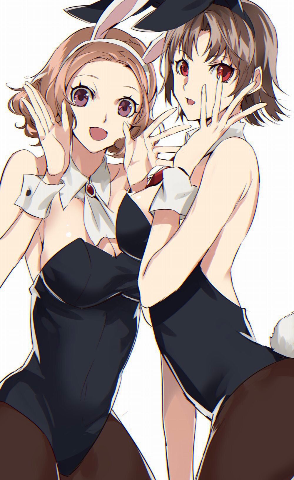 2girls animal_ears ayyataka breasts brown_hair bunnysuit cleavage detached_collar highres large_breasts multiple_girls niijima_makoto okumura_haru persona persona_5 rabbit_ears red_eyes short_hair