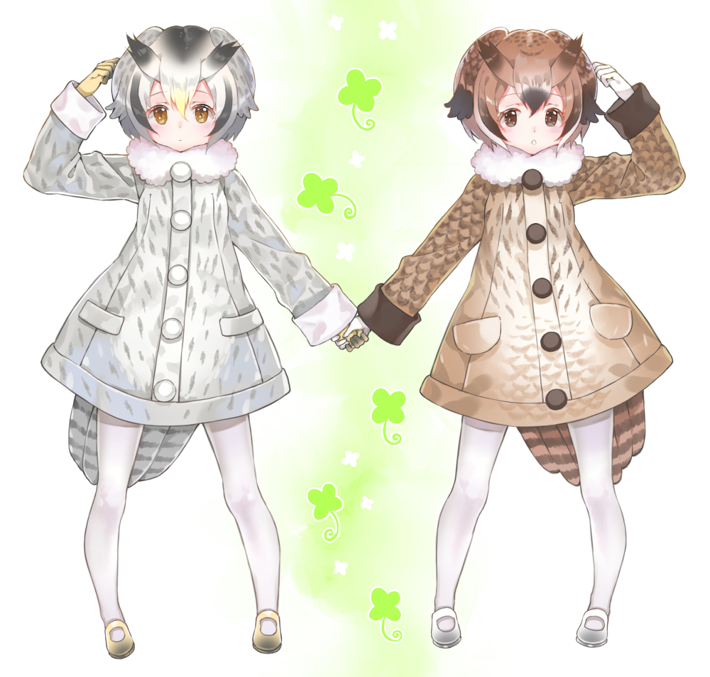 2girls :| black_footwear black_gloves black_hair black_shoes blonde_hair blush brown_coat brown_eyes brown_hair buttons clenched_hand closed_mouth clover clover_(flower) coat dot_nose eurasian_eagle_owl_(kemono_friends) expressionless eyebrows_visible_through_hair floral_background flower four-leaf_clover full_body fumako fur_collar gloves gradient_footwear gradient_hair green_background grey_coat grey_hair grey_shoes hair_between_eyes hand_holding hand_on_head hand_up head_wings kemono_friends large_buttons legs_apart light_brown_eyes light_brown_hair long_sleeves looking_at_viewer mary_janes multicolored multicolored_background multicolored_clothes multicolored_gloves multicolored_hair multicolored_shoes multiple_girls northern_white-faced_owl_(kemono_friends) outline pantyhose parted_lips pocket shoes short_hair silver_hair sleeve_cuffs standing tail tareme triangle_mouth two-tone_footwear white_background white_footwear white_gloves white_hair white_legwear white_outline white_shoes wings yellow_footwear yellow_gloves yellow_shoes