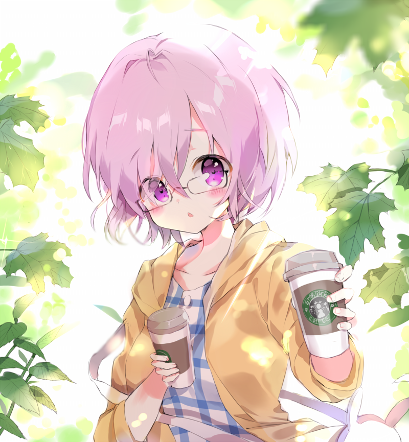 1girl ahoge bag beige_jacket blush coffee_cup dohj00 eyes_visible_through_hair fate_(series) glasses hair_between_eyes hood hood_down hooded_jacket jacket leaf looking_at_viewer maple_leaf offering_drink open_mouth plaid purple_hair shielder_(fate/grand_order) short_hair shoulder_bag solo starbucks upper_body violet_eyes