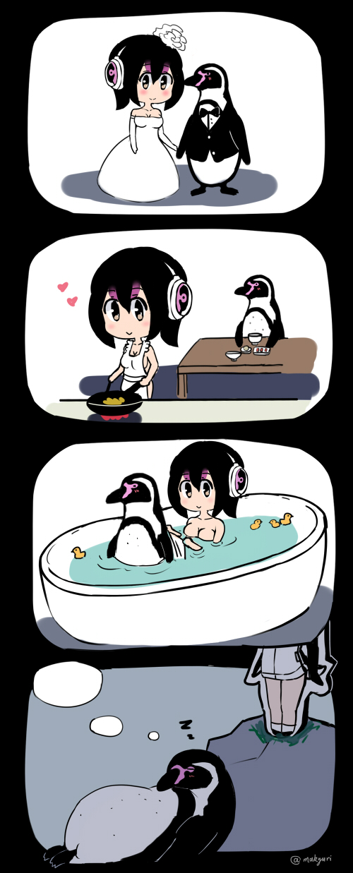 4koma :&gt; apron bathing bathtub bird black_bow black_bowtie black_hair blush bow bowl bowtie breasts bride brown_eyes cardboard_stand chibi closed_eyes closed_mouth collarbone comic cooking dreaming dress elbow_gloves fire frilled_apron frills frying_pan gloves grape-kun groom hand_holding headphones heart highres holding_towel humboldt_penguin_(kemono_friends) kemono_friends lying medium_breasts multicolored_hair naked_apron on_back partially_submerged penguin pink_hair profile qin ripples rock rubber_duck silent_comic sitting sleeping sleeveless sleeveless_dress smile standing strapless strapless_dress table topless tuxedo twitter_username two-tone_hair wedding_dress white_dress white_gloves zzz