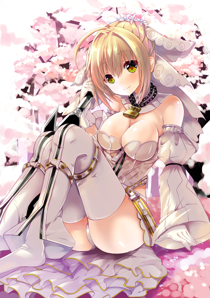 1girl aestus_estus ahoge bangs belt black_legwear blonde_hair breasts bridal_veil cleavage closed_mouth detached_sleeves eyebrows_visible_through_hair fate/extra fate/extra_ccc fate/grand_order fate_(series) gloves green_eyes hair_between_eyes hair_intakes holding holding_sword holding_weapon legs_together leotard looking_at_viewer medium_breasts saber_bride saber_extra sidelocks sitting skirt smile solo sumisuzu sword thigh-highs thighs veil weapon white_gloves white_leotard white_skirt