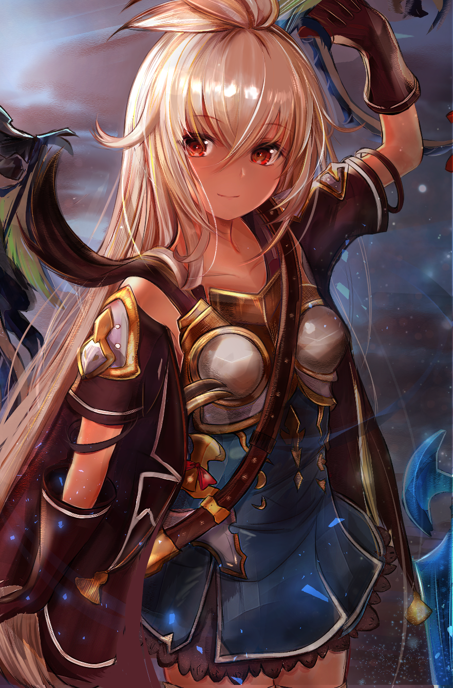 1girl ahoge armor armored_dress bare_shoulders black_legwear blue_dress blush breasts dark_skin dragon dress granblue_fantasy hair_between_eyes hair_ornament highres long_hair looking_at_viewer medium_breasts red_eyes ria_(riarea00) smile the_order_grande thigh-highs white_hair