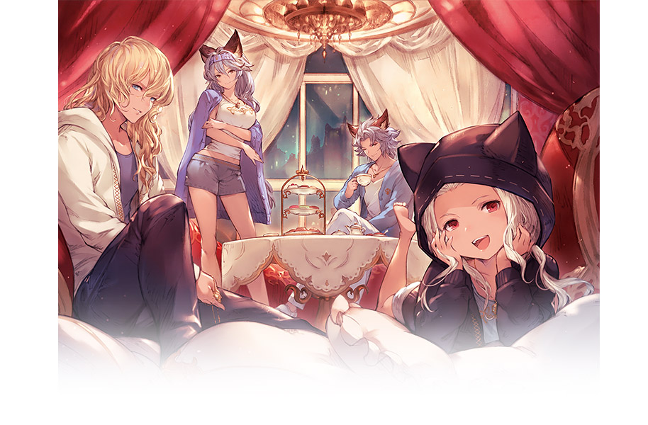 2boys 2girls animal_ears animal_hood barefoot blonde_hair blue_eyes casual cat_hood cup food granblue_fantasy heles hood jewelry minaba_hideo multiple_boys multiple_girls naoise necklace official_art red_eyes seruel shorts silver_hair skasaha_(granblue_fantasy) teacup