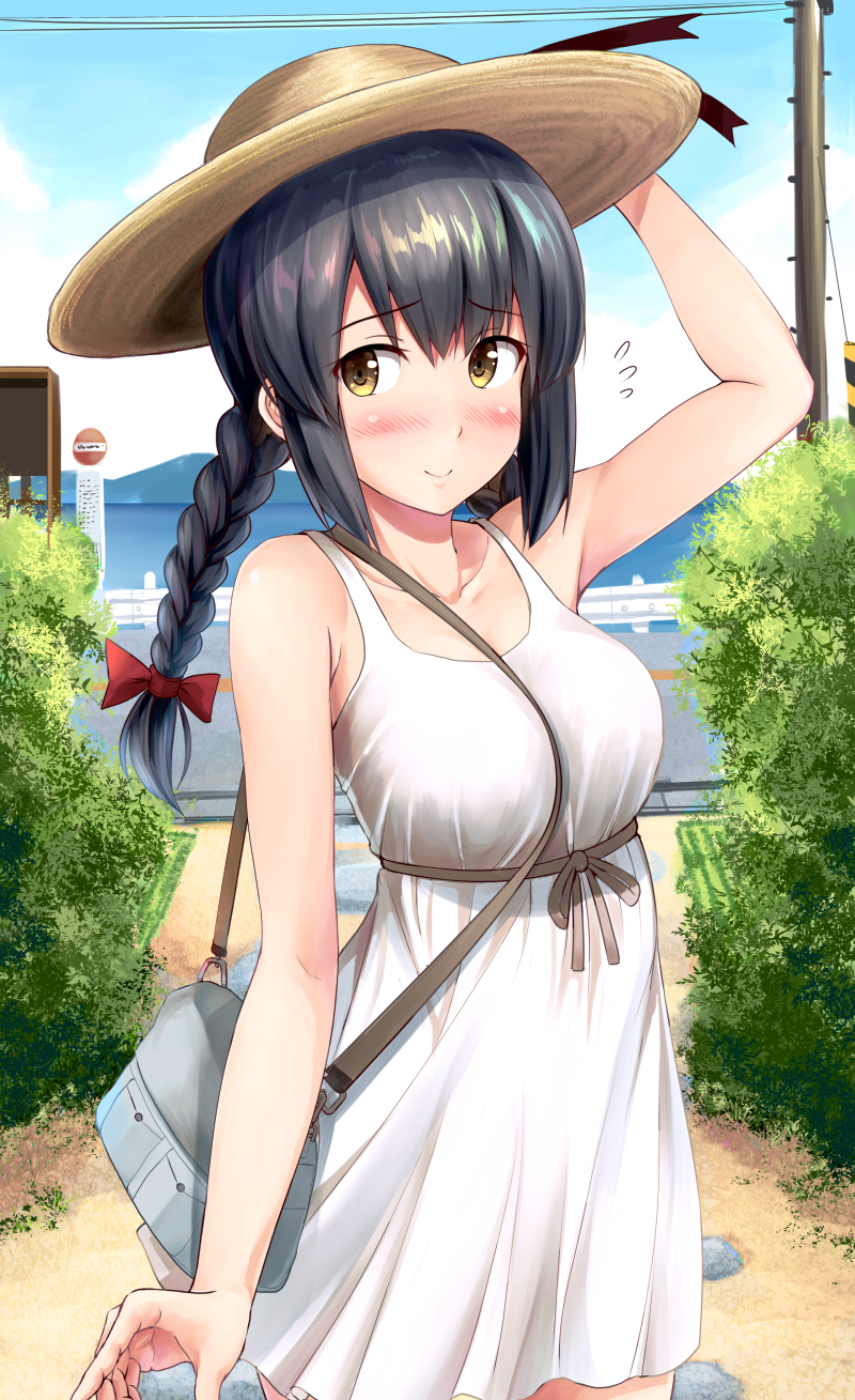 1girl alternate_costume black_hair blurry blush braid breasts brown_eyes bush casual collarbone contemporary cowboy_shot depth_of_field dress flying_sweatdrops highres ichikawa_feesu isonami_(kantai_collection) kantai_collection long_hair looking_at_viewer medium_breasts outdoors smile sundress twin_braids white_dress