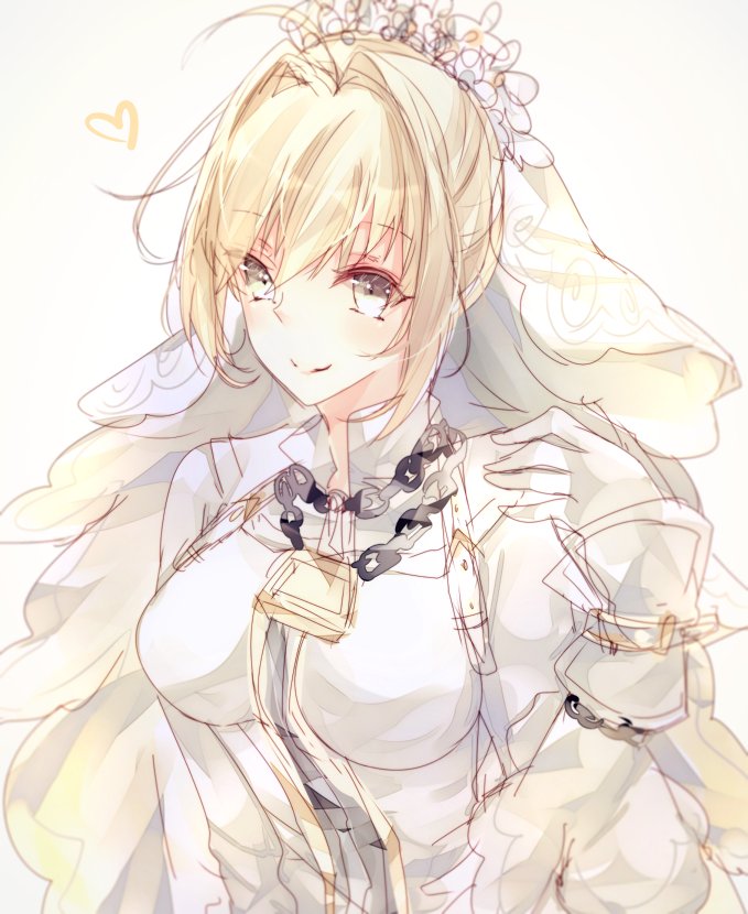 1girl bangs bodysuit bridal_veil c: chains closed_mouth eyebrows_visible_through_hair fate/extra fate/extra_ccc fate_(series) gloves hair_intakes hand_up heart kure22 lock looking_at_viewer padlock saber_bride saber_extra sidelocks sketch smile solo upper_body veil white_gloves yellow_eyes