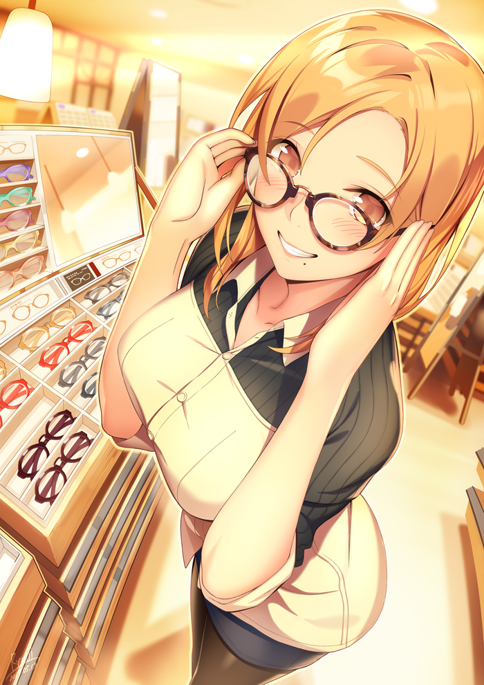 1girl adjusting_glasses artist_name blonde_hair blush breasts buttons collared_shirt commentary_request dated fisheye glasses grin ichinose_tomoe indoors large_breasts looking_at_viewer mirror mole mole_under_mouth orange_eyes original parted_lips shirt shoken_narai shop shopping smile solo teeth