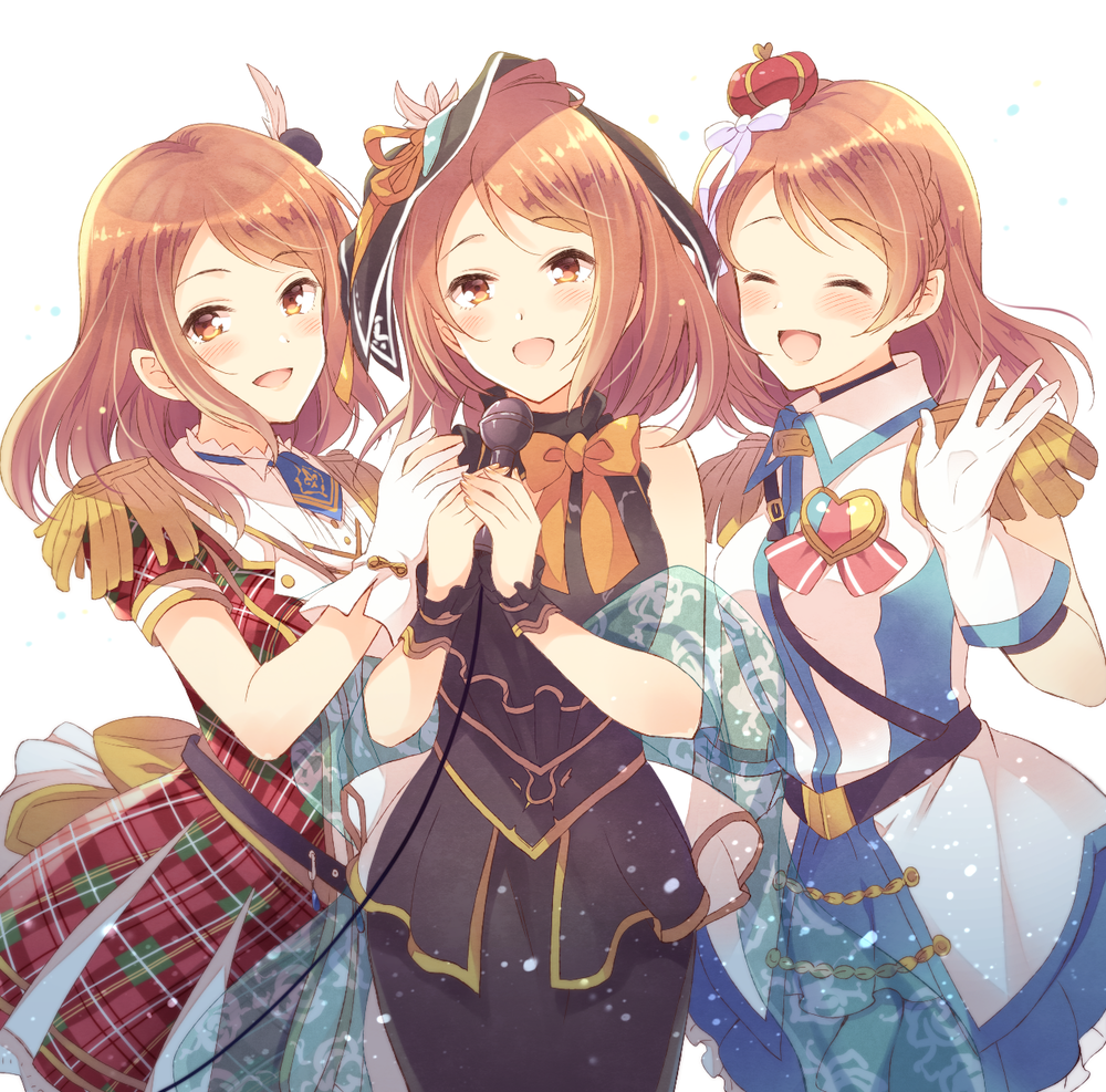 3girls :d ^_^ ^o^ badge bangs bare_shoulders belt black_skirt blue_necktie blue_skirt blush bow bowtie braid breasts brown_eyes brown_hair cable closed_eyes cowboy_shot crown dress epaulettes eyebrows_visible_through_hair facing_viewer feathers frilled_skirt frills girl_sandwich gloves hair_bow hair_feathers hand_on_another's_shoulder holding holding_microphone houjou_karen idolmaster idolmaster_cinderella_girls komi_zumiko looking_at_viewer medium_breasts microphone mini_crown mini_necktie multiple_girls multiple_persona necktie open_mouth orange_bow orange_bowtie plaid plaid_dress sandwiched see-through shawl shiny shiny_hair side_braid skirt sleeveless smile standing swept_bangs uniform veil waving white_bow white_gloves wing_collar wrist_cuffs