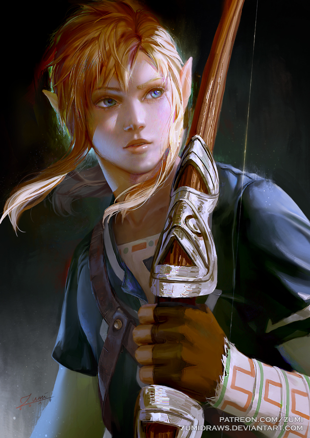 1boy arm_at_side banned_artist bishounen blonde_hair blue_eyes bow_(weapon) collarbone eyebrows fingerless_gloves gloves hand_up holding holding_bow_(weapon) holding_weapon link lips long_hair looking_afar male_focus parted_lips pointy_ears shirt short_sleeves signature solo the_legend_of_zelda the_legend_of_zelda:_breath_of_the_wild upper_body watermark weapon web_address zumi_(zumidraws)