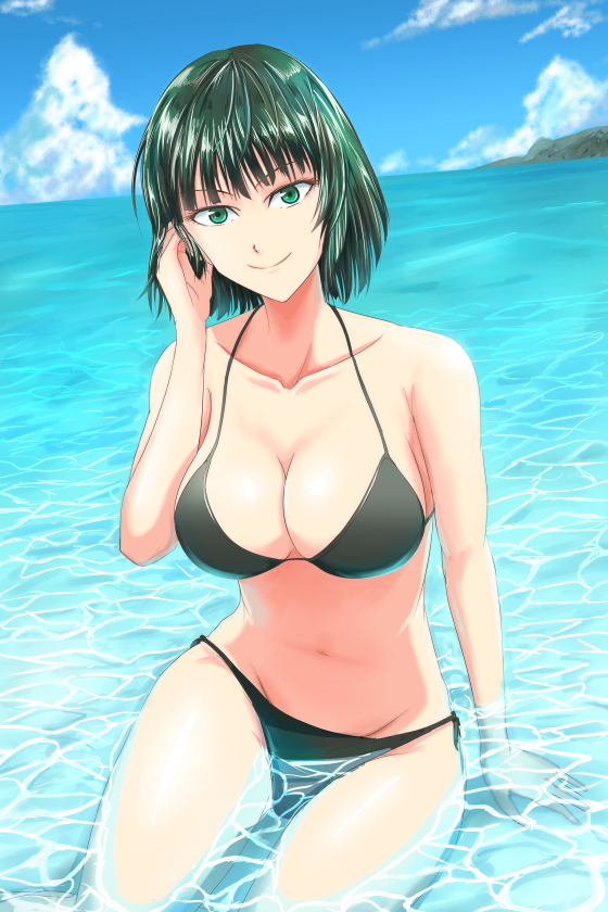 1girl beach bikini black_bikini breasts collarbone day fubuki_(one-punch_man) green_eyes green_hair hand_on_own_face large_breasts mamiya_myanmar navel one-punch_man outdoors partially_submerged sitting smile solo swimsuit water